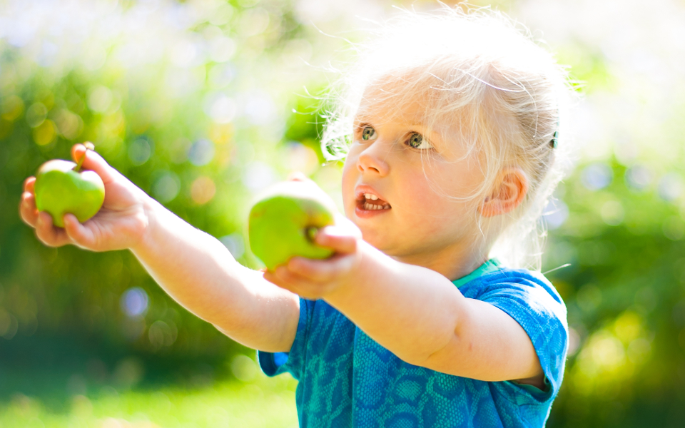 Meisje houdt twee appels omhoog tijdens een kinderfotoshoot buiten
