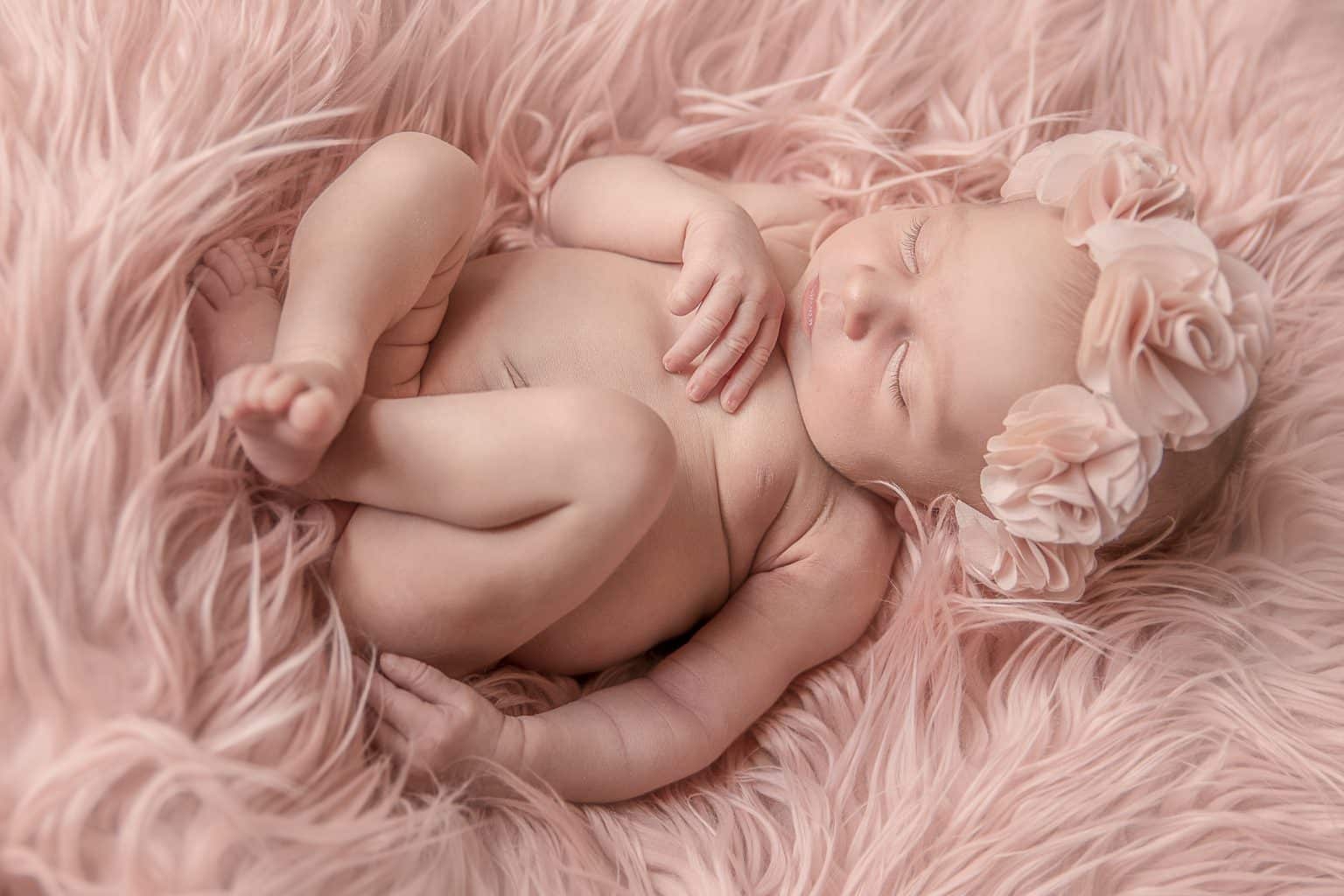 Pasgeboren baby opgekruld op een zachte deken